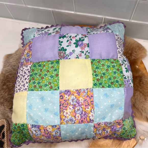 Patchwork Cushion Granny Squares Accent Throw Pillows Handcrafted Floral Print - Picture 5 of 9